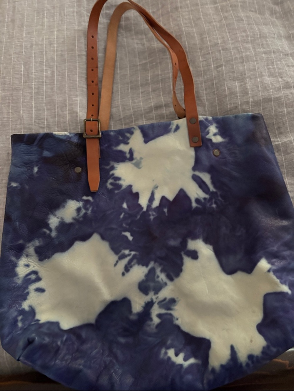 Blue & White Tie-Dye Leather Tote, Made and Crafted  made in Italy.